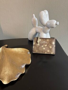 Coach Brown Canvas Star Zip Card Case with Gold Stars
